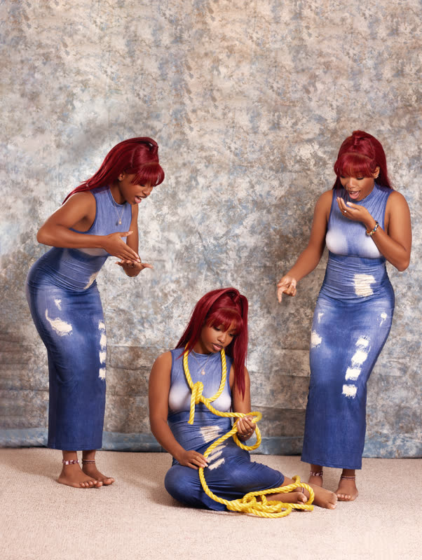 Triptych studio composition of a woman with red hair in a denim maxi dress playing with a yellow rope
